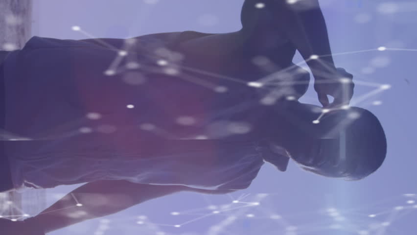 Animation of network of connections over an exercising african american man. Global connections, wellbeing, fitness and healthy lifestyle concept digitally generated video. - Powered by Shutterstock - Get 15% off with code: PIKWIZARD15