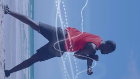 Animation of lines over an exercising african american man. Global connections, wellbeing, fitness and healthy lifestyle concept digitally generated video. - Powered by Shutterstock - Get 15% off with code: PIKWIZARD15