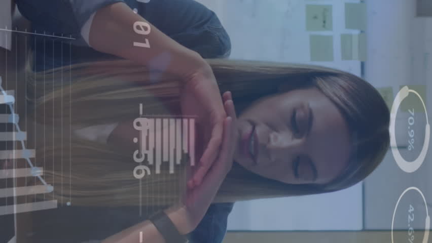 Animation of data processing over caucasian businesswoman making video call in office. Global communication network, digital interface and business data concept digitally generated video. - Powered by Shutterstock - Get 15% off with code: PIKWIZARD15