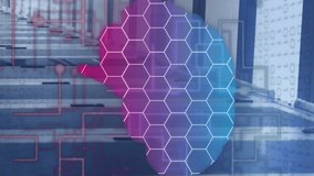 Animation of human brain, connections and data processing over circuit board and server. Global digital interface, cloud computing and data processing concept digitally generated video. - Powered by Shutterstock - Get 15% off with code: PIKWIZARD15