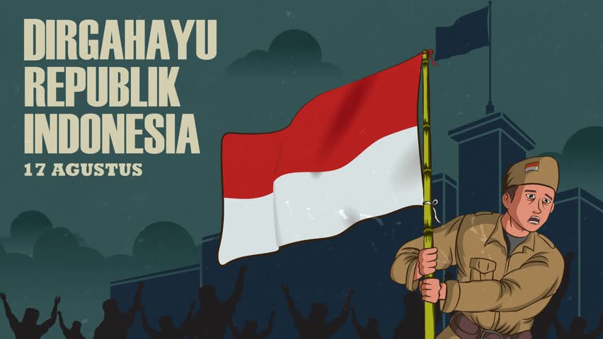 Looping 4K animation of a patriotic soldier raising the Indonesian flag with a cheering crowd and "Dirgahayu Republik Indonesia" on 17 Agustus.  Translate: Longevity Republic of Indonesia, 17 august.