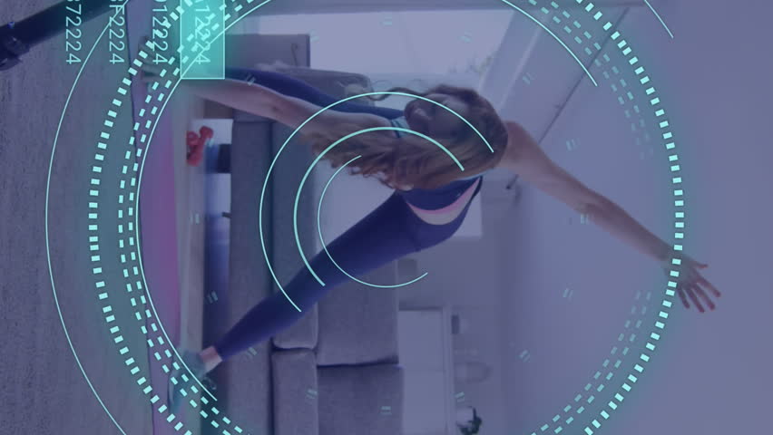Animation of data processing over caucasian woman exercising, recording fitness vlog. Global online vlogging, fitness, digital interface and connections concept digitally generated video.