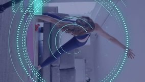 Animation of data processing over caucasian woman exercising, recording fitness vlog. Global online vlogging, fitness, digital interface and connections concept digitally generated video. - Powered by Shutterstock - Get 15% off with code: PIKWIZARD15