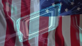 Animation of computer circuit board with padlock, data processing and flag of usa. Global business, computing, transfer and data processing concept digitally generated video. - Powered by Shutterstock - Get 15% off with code: PIKWIZARD15