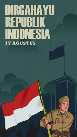 Vertical looping animation of Indonesian soldier raising the flag with vintage colors, patriotic crowd, and "Dirgahayu Republik Indonesia" text. Translate: Longevity Republic of Indonesia, 17 august.
