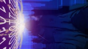 Animation of digital interface with binary coding over male hacker in balaclava and blue glowing cityscape. Global digital online concept digitally generated image. - Powered by Shutterstock - Get 15% off with code: PIKWIZARD15