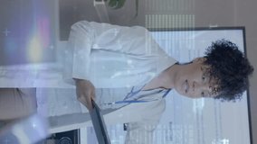 Animation of data processing over female doctor in office. Global finance, business, connections, computing and data processing concept digitally generated video. - Powered by Shutterstock - Get 15% off with code: PIKWIZARD15