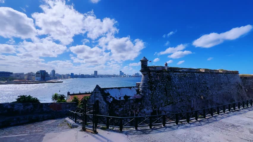 December 15, 2024: Havana, Cuba. The walls of the Spanish fortress of El Morro, with a lighthouse in Havana Bay. Morro Castle, Castillo de los Tres Reyes del Morro in Havana, Cuba. 4К