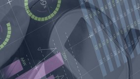 Animation of graphs and financial data over hand of caucasian man holding payment terminal. finance, economy, contactless payments and technology concept digitally generated video. - Powered by Shutterstock - Get 15% off with code: PIKWIZARD15