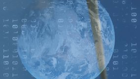 Animation of financial data processing binary coding over earth and wind turbine. global environment, sustainability and finance concept digitally generated video. - Powered by Shutterstock - Get 15% off with code: PIKWIZARD15