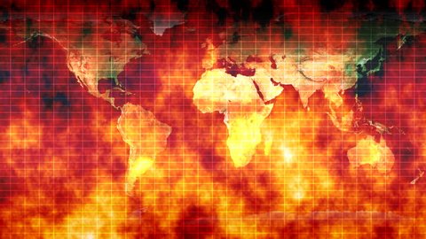 World on Fire - War, Crisis and Conflict. The world is on fire, at war and in crisis. Global warming and conflict are represented with this burning map of the world. Loops round seamlessly.