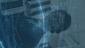 Animation of numbers and globe over caucasian businessman walking. Digital space, computers, network and technology concept digitally generated video. - Powered by Shutterstock - Get 15% off with code: PIKWIZARD15