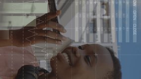 Animation of data processing over happy african american woman talking on smartphone outdoors. Computer interface and business data technology concept - Powered by Shutterstock - Get 15% off with code: PIKWIZARD15