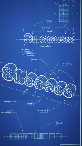 Blueprint being drawn showing business success concepts. Vertical video.