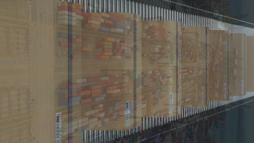 Animation of statistics data processing over cardboard boxes on conveyor belt and shipping port. Global shipping and delivery concept digitally generated video. - Powered by Shutterstock - Get 15% off with code: PIKWIZARD15