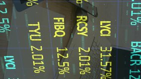 Digital composite video of stock market data processing against laptop and office equipment on desk. global finance and business concept - Powered by Shutterstock - Get 15% off with code: PIKWIZARD15