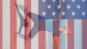 Animation of fireworks and american flag jigsaw puzzles revealing senior woman exercising on beach. usa patriotism and democracy concept digitally generated video. - Powered by Shutterstock - Get 15% off with code: PIKWIZARD15