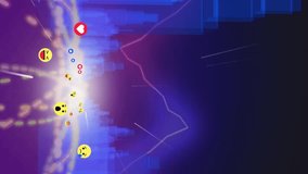 Animation of emojis and light trails moving over glowing blue buildings on dark background. communication technology digital interface concept, digitally generated video. - Powered by Shutterstock - Get 15% off with code: PIKWIZARD15