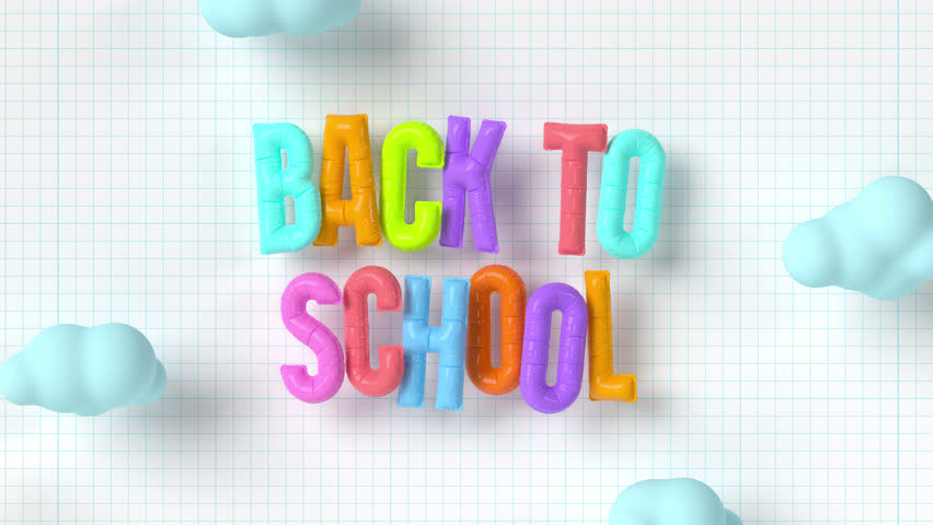 Colorful 3D balloon text Back To School with paper airplanes and clouds on grid background. Fun and playful animation for education, kids, and classroom themes. 4K 3D render.