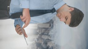 Animation of network of glowing connections over businessman using tablet and cityscape. global finances, business and communication concept digitally generated video. - Powered by Shutterstock - Get 15% off with code: PIKWIZARD15