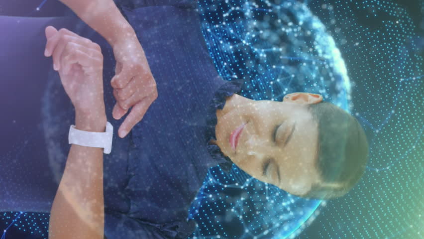 Animation of globe with networks of connections over businesswoman using smartwatch. global connection, data processing and digital interface concept digitally generated video. - Powered by Shutterstock - Get 15% off with code: PIKWIZARD15