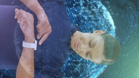 Animation of globe with networks of connections over businesswoman using smartwatch. global connection, data processing and digital interface concept digitally generated video. - Powered by Shutterstock - Get 15% off with code: PIKWIZARD15