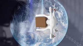 Animation of drone carrying cardboard box and data processing over empty office. global shipping, connections and digital interface concept digitally generated video. - Powered by Shutterstock - Get 15% off with code: PIKWIZARD15