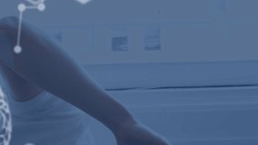 Animation of scientific data in white floating in the foreground with a young Caucasian man wearing a VR headset, looking around and smiling in the background 4k - Powered by Shutterstock - Get 15% off with code: PIKWIZARD15