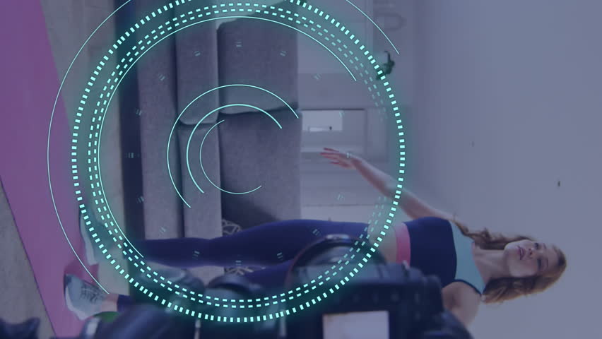 Animation of data processing over caucasian woman exercising, recording fitness vlog. Global online vlogging, fitness, digital interface and connections concept digitally generated video.