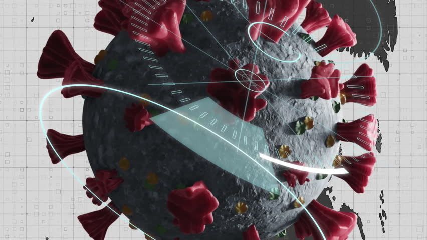 Animation of 3D coronavirus Covid 19 cell spinning with 5G text, world map, data processing and scope scanning in the background. Global coronavirus pandemic concept digitally generated image. - Powered by Shutterstock - Get 15% off with code: PIKWIZARD15