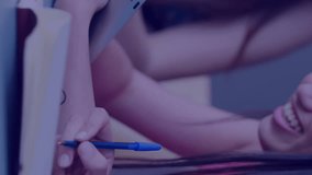 Animation of scientific data processing over diverse students. Global education, learning, school, digital interface and data processing concept digitally generated video. - Powered by Shutterstock - Get 15% off with code: PIKWIZARD15