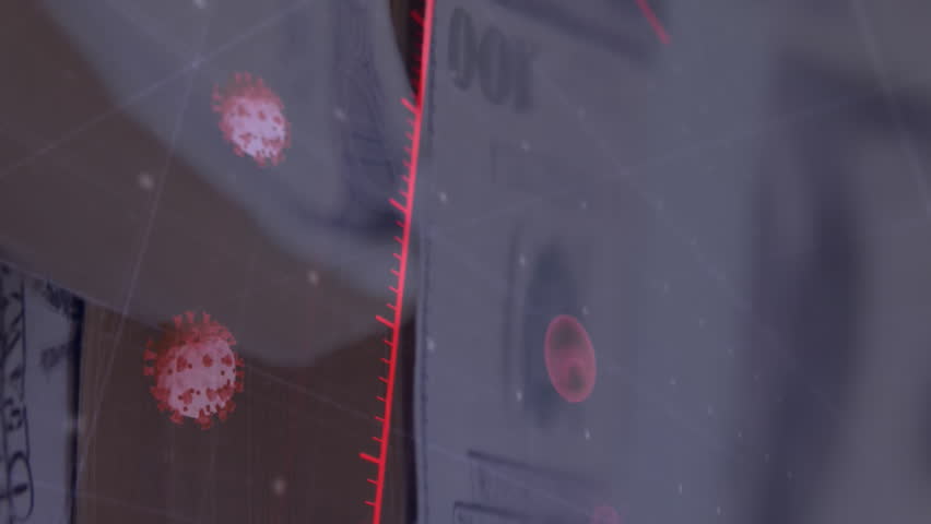 Animation of digital interface graphs, statistics and coronavirus Covid 19 cells over banknotes. Global coronavirus pandemic concept digitally generated image. - Powered by Shutterstock - Get 15% off with code: PIKWIZARD15