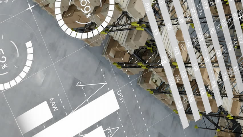Animation of statistics and financial data processing over warehouse. Global shipping, business, finances, computing and data processing concept digitally generated video. - Powered by Shutterstock - Get 15% off with code: PIKWIZARD15