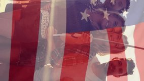 Animation of flag of usa over diverse friends on beach in summer. Usa, american patriotism, national flag and lifestyle concept digitally generated video. - Powered by Shutterstock - Get 15% off with code: PIKWIZARD15