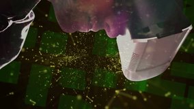 Animation of man wearing VR headset over digital interface 3d green glowing architectural model of cityscape and network of connections. Global technology network concept digitally generated image. - Powered by Shutterstock - Get 15% off with code: PIKWIZARD15