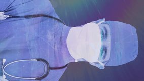 Animation of male doctor wearing face mask over digital interface 3d blue glowing architectural model of cityscape. Global technology network concept digitally generated image. - Powered by Shutterstock - Get 15% off with code: PIKWIZARD15