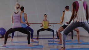 Instructor cueing class stepping into plié squat in fitness studio on blue mats with digital grid. Group exercise, fitness class, workout, movement, wellness, dynamic, athletic - Powered by Shutterstock - Get 15% off with code: PIKWIZARD15