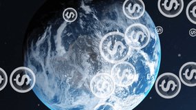 Multiple american dollar icons over spinning globe against blue background. Global economy and business technology concept - Powered by Shutterstock - Get 15% off with code: PIKWIZARD15