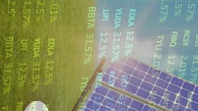 Animation of financial data processing over solar panel on grass and blue background. Global business, sustainability and solar energy concept digitally generated video. - Powered by Shutterstock - Get 15% off with code: PIKWIZARD15
