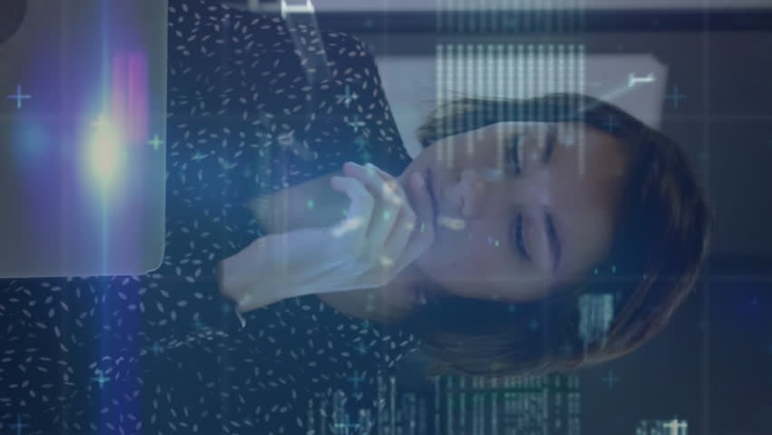 Animation of binary codes, graphs, numbers, programming language, asian woman talking on cellphone. Digital composite, multiple exposure, report, finance, coding, business and technology concept. - Powered by Shutterstock - Get 15% off with code: PIKWIZARD15