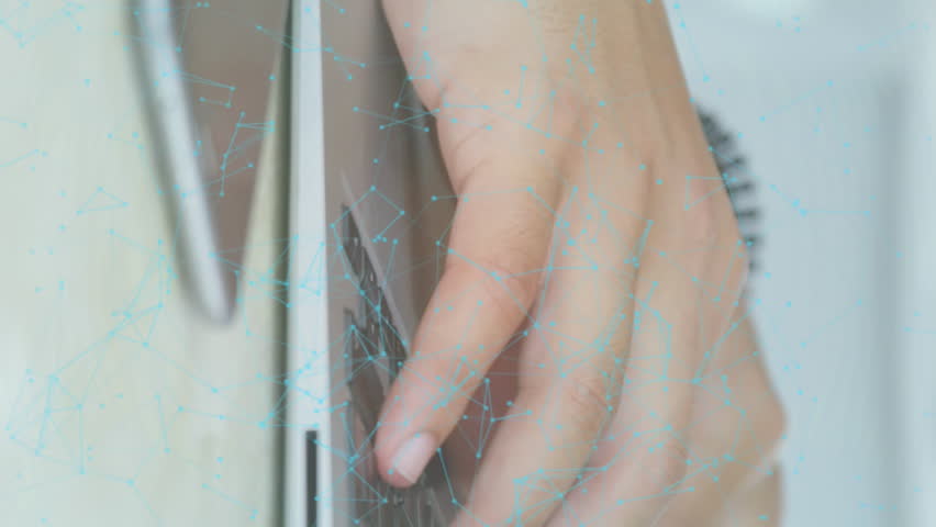 Animation of fingerprint and network of connections over hands using laptop. Global technology, online security and digital interface concept digitally generated video. - Powered by Shutterstock - Get 15% off with code: PIKWIZARD15