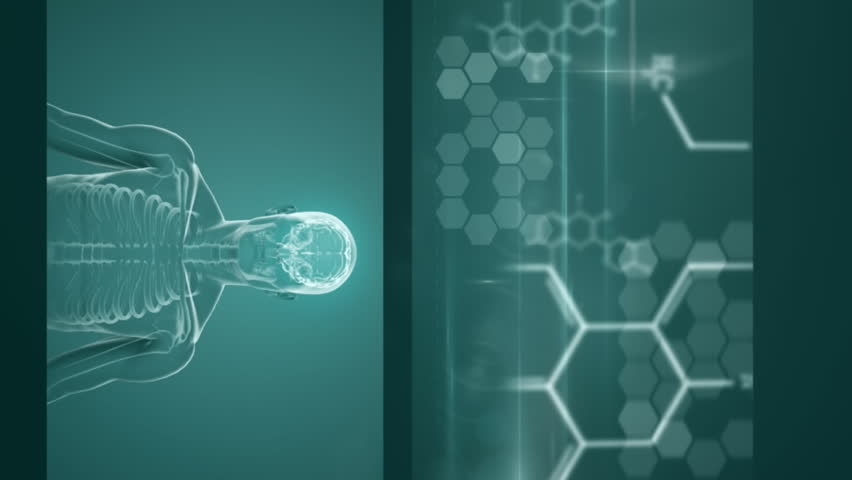 Animation of dna helix rotating over digital screens with medical structures. Digitally generated, multiple exposure, healthcare, molecule, anatomy, brain abstract, chemistry and biology concept.
