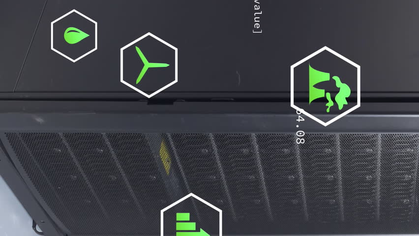 Animation of green technology icons and coding over data server room. Digital composite, network security, data center, networking, technology, database, sustainable, environmental conservation. - Powered by Shutterstock - Get 15% off with code: PIKWIZARD15