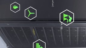 Animation of green technology icons and coding over data server room. Digital composite, network security, data center, networking, technology, database, sustainable, environmental conservation. - Powered by Shutterstock - Get 15% off with code: PIKWIZARD15