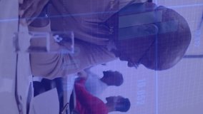 Animation of statistical data processing over diverse man and woman discussing over laptop at office. Computer interface and business data technology concept - Powered by Shutterstock - Get 15% off with code: PIKWIZARD15