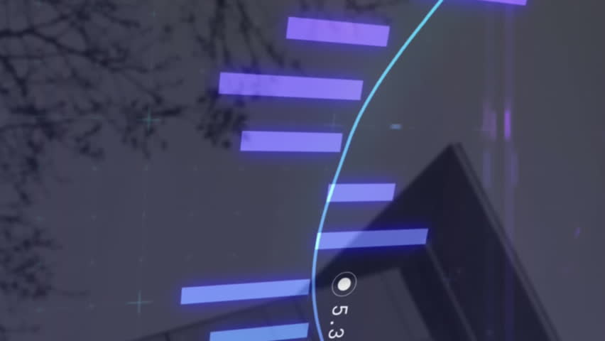 Animation of purple and green graph processing data over building and tree against sky. Network, data, processing, digital interface and communication, digitally generated video. - Powered by Shutterstock - Get 15% off with code: PIKWIZARD15