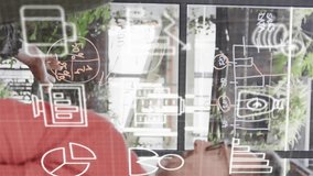 Animation of business icons over diverse business people discussing work in office. Business, technology and digital interface concept digitally generated video. - Powered by Shutterstock - Get 15% off with code: PIKWIZARD15