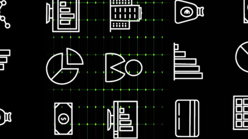 Financial icons and data processing animation over black background with green grid. Finance, technology, digital, economy, analysis, investment - Powered by Shutterstock - Get 15% off with code: PIKWIZARD15