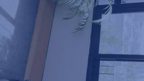 Facial recognition animation over bedroom with large windows and indoor plant. Technology, innovation, security, digital, AI, home - Powered by Shutterstock - Get 15% off with code: PIKWIZARD15