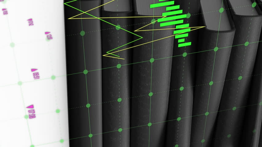 Stack of black books with financial data processing animation over white background. Finance, technology, analytics, information - Powered by Shutterstock - Get 15% off with code: PIKWIZARD15